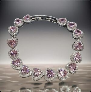 Silver Plated Girly Pink Heart Zircon Pave Crystal Bracelet